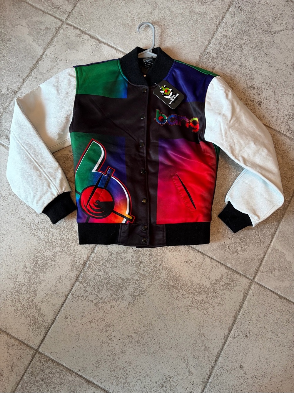 Bang Energy Unisex Multicolor Graphic Bomber Jacket with White Sleeves